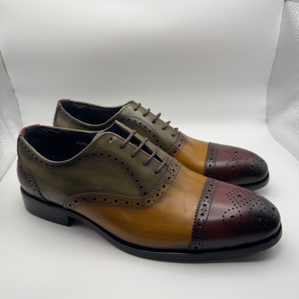 XEBOS Mens Tricolor Leather Wingtip Brogue Oxford Shoes Size 38 Wood Color